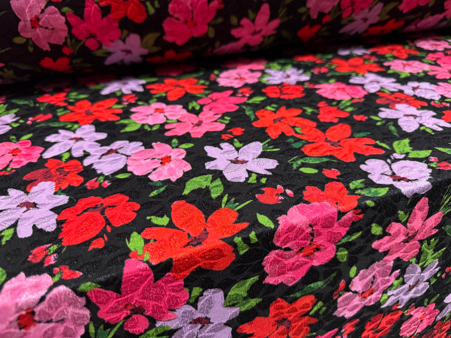 Stretch spandex jersey jacquard fabric, per metre - floral print - black & pink