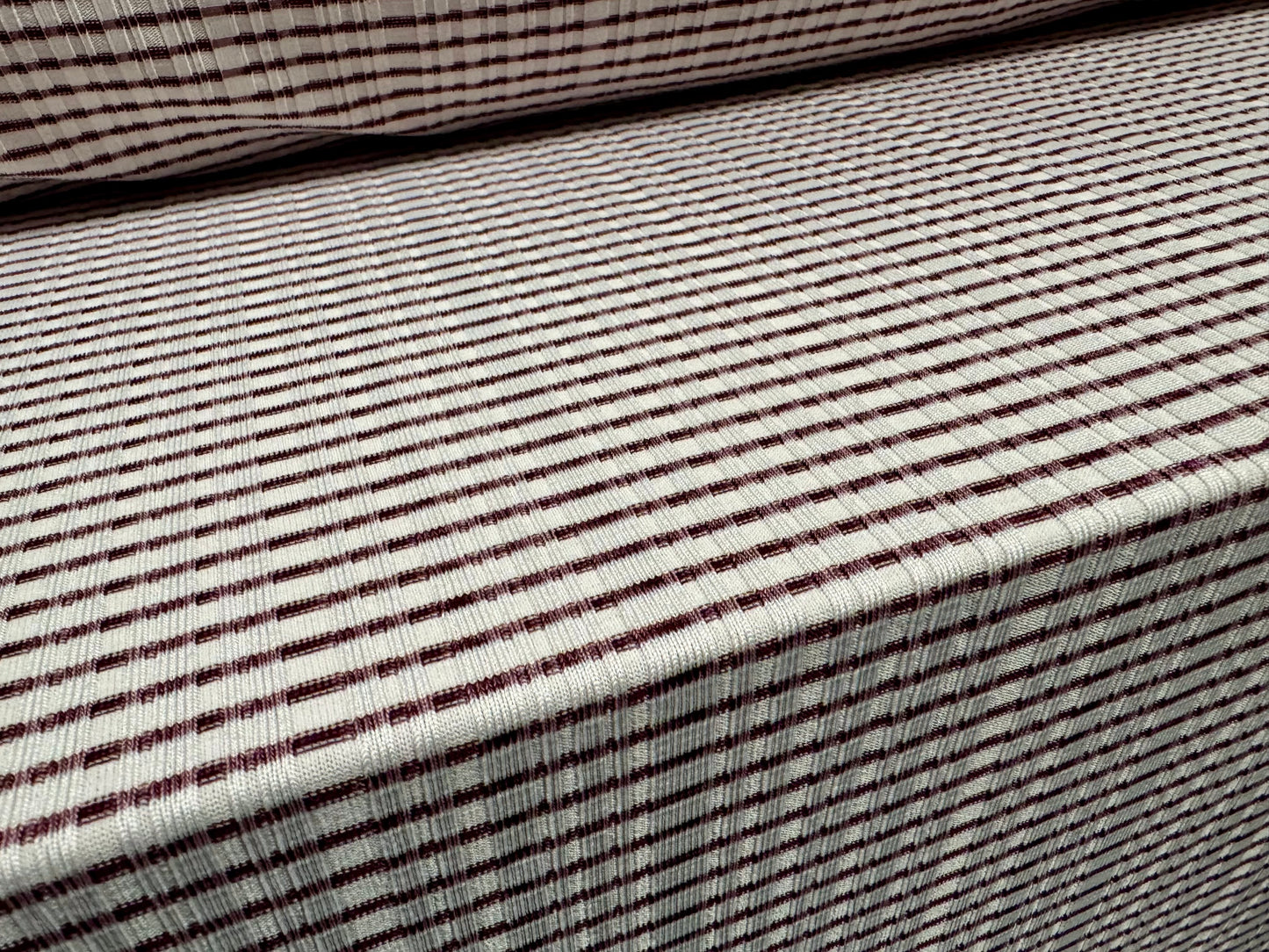 Stretch Spandex rib jersey fabric, per metre - stripe - aubergine & off white