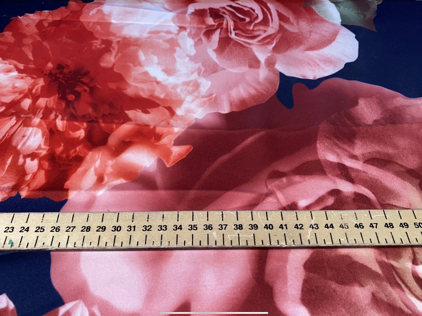 Scuba stretch spandex double jersey dress fabric, per metre - jumbo rose floral print - navy & pink