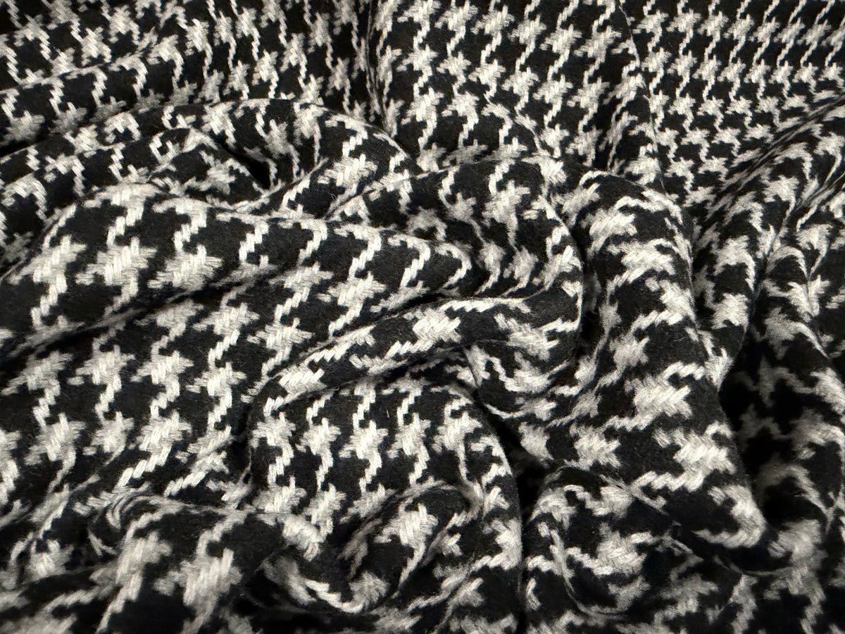 Heavyweight wool flannel fabric, per metre - houndstooth - black grey & white