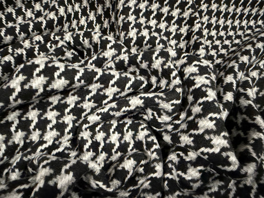 Heavyweight wool flannel fabric, per metre - houndstooth - black grey & white