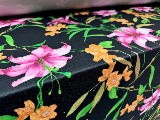 Scuba textured ‘Liverpool’ stretch spandex jersey fabric, per metre - orchid flower - black magenta & orange