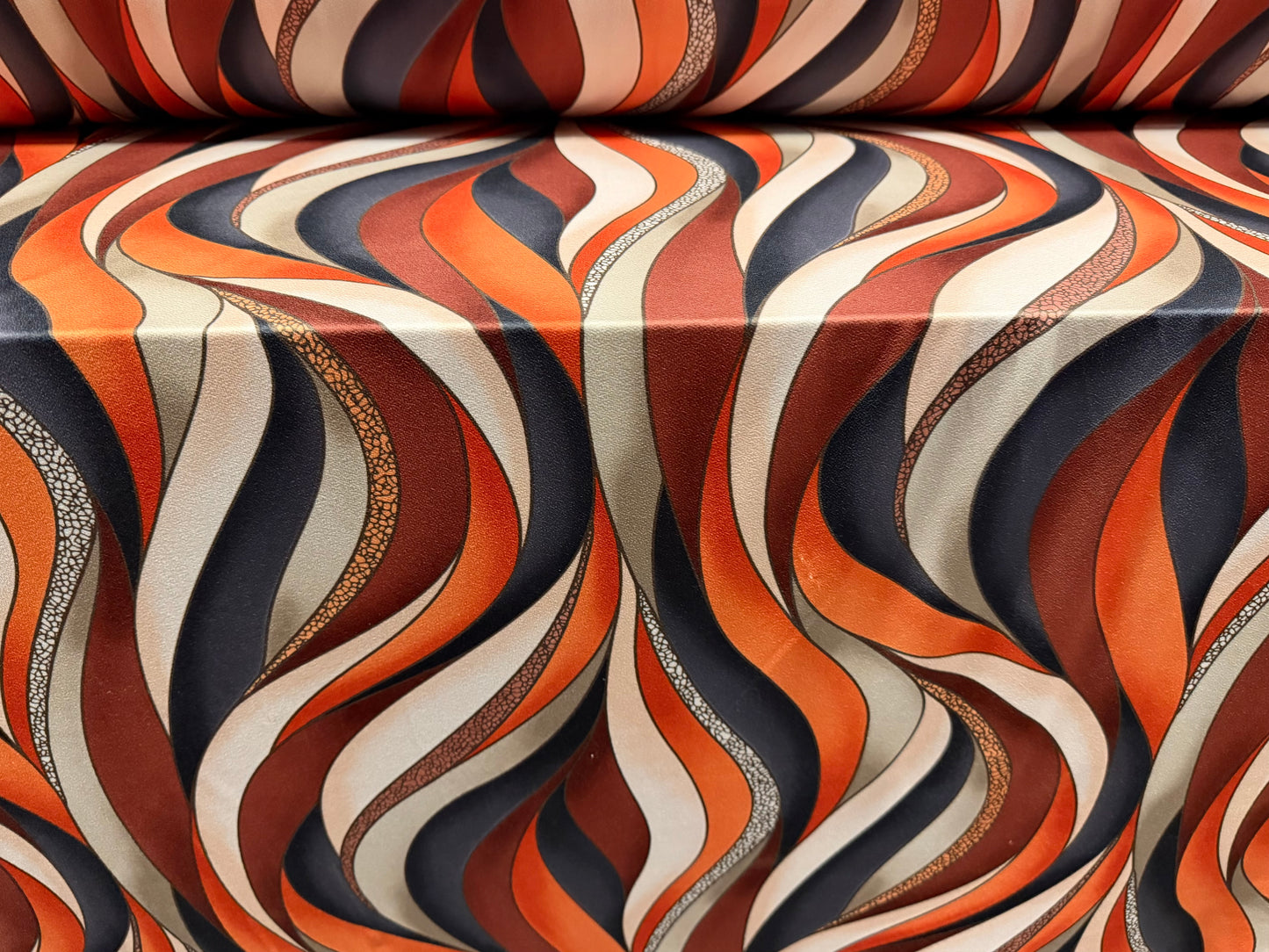 Stretch spandex crepe single jersey dress fabric, per metre - wavy swirl print - cream terracotta & rust