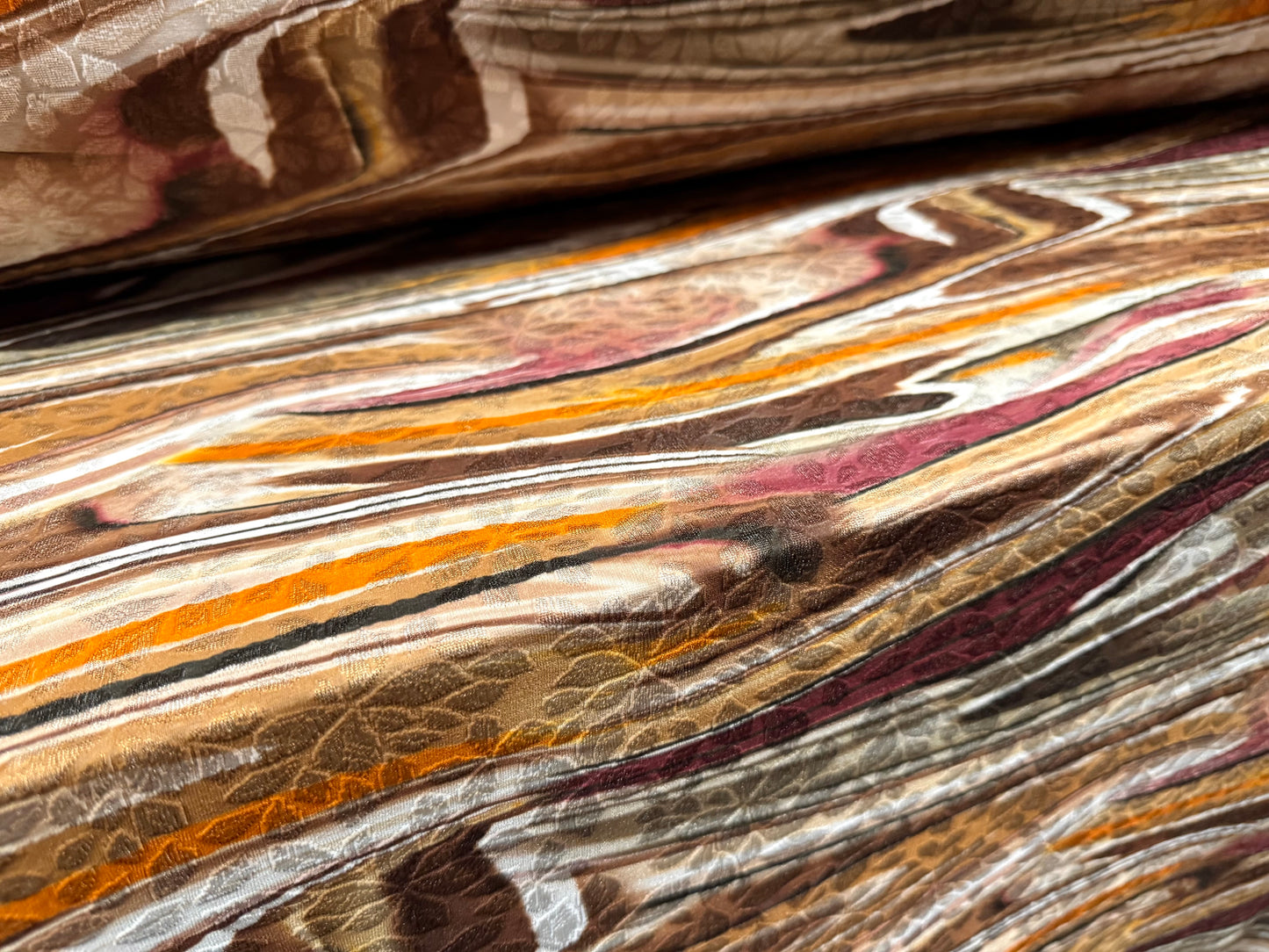 Stretch spandex jersey jacquard fabric, per metre - abstract swirl print - Earth tones