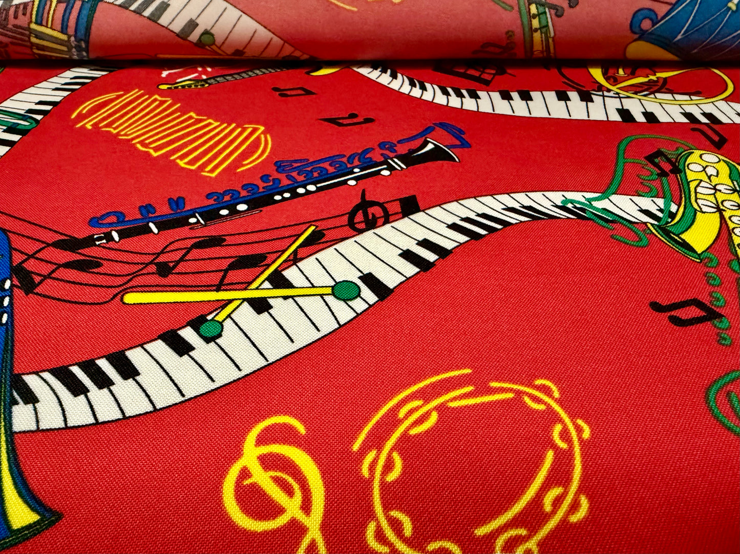 Panama woven fashion fabric, per metre - orchestra print - red