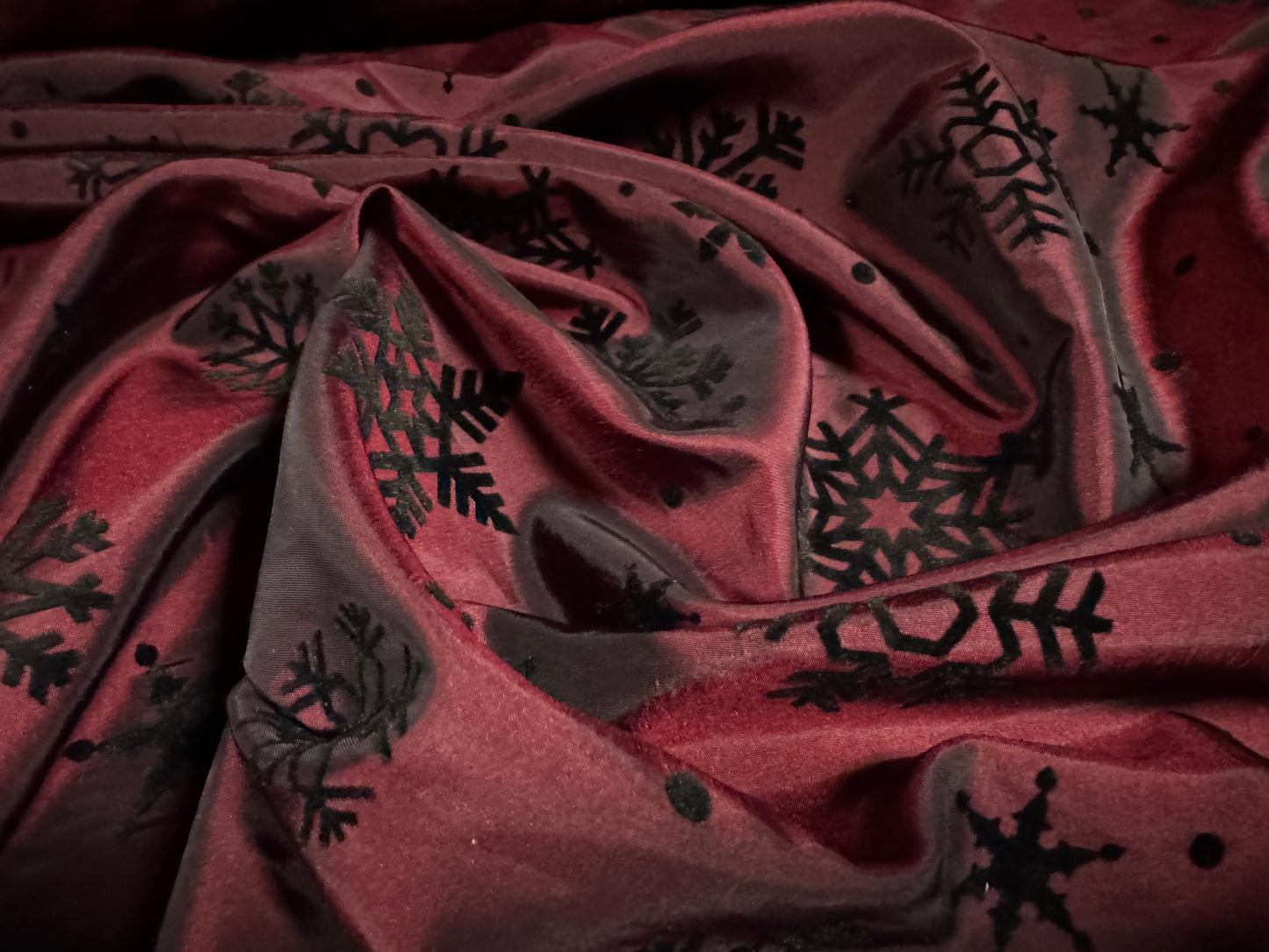 Taffeta faux silk fabric - flocked snowflake print - burgundy