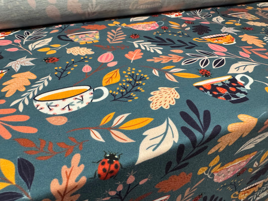 Soft handle stretch single jersey fashion fabric, per metre - teacups print - blue grey