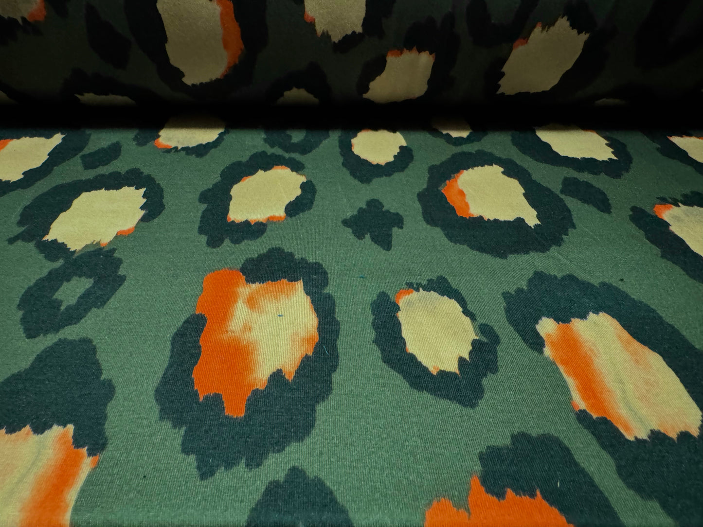 Stretch spandex interlock jersey fabric, per metre - jumbo animal print - olive green beige & orange