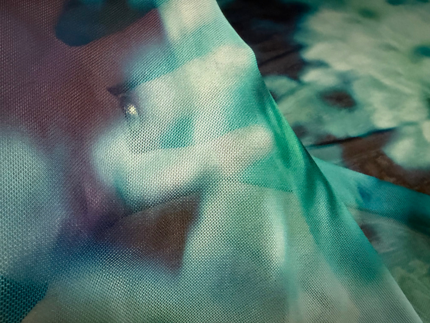 Power mesh net stretch spandex fabric, per metre - soft focus floral print - jade navy & turquoise