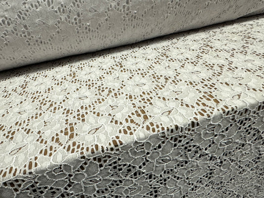 Corded stretch lace dress fabric, per metre - floral - white