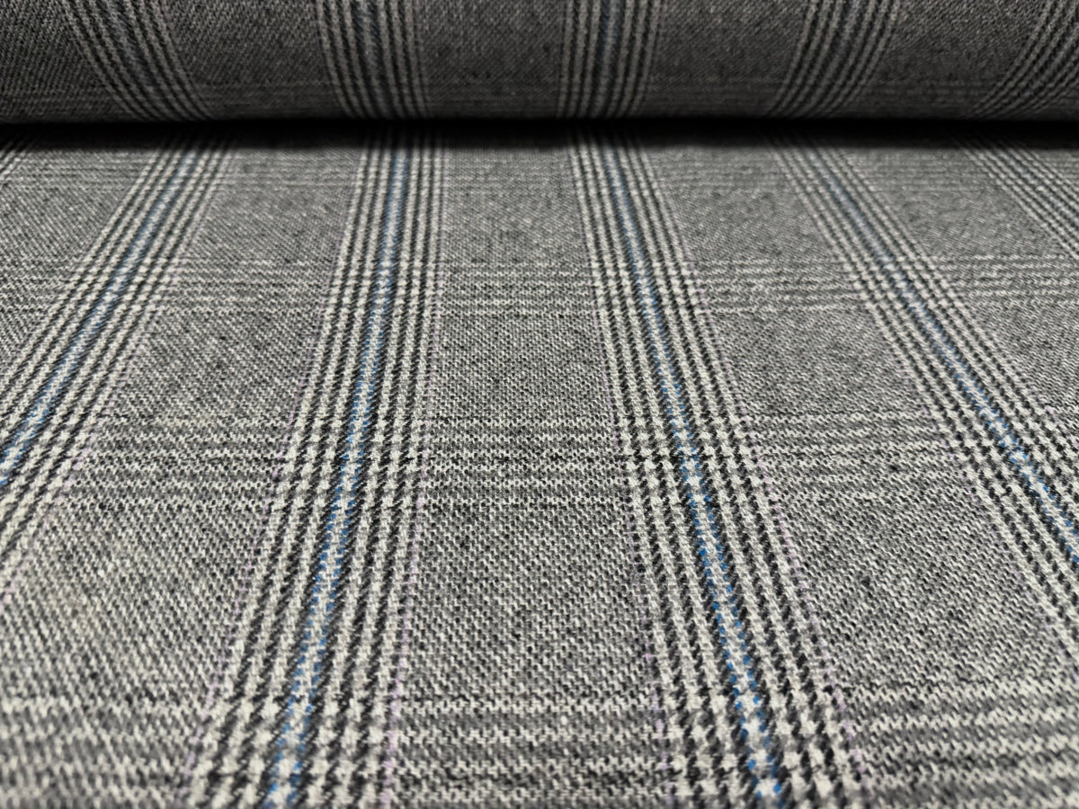 Wool flannel fabric, per metre - Prince Of Wales check - grey & blue