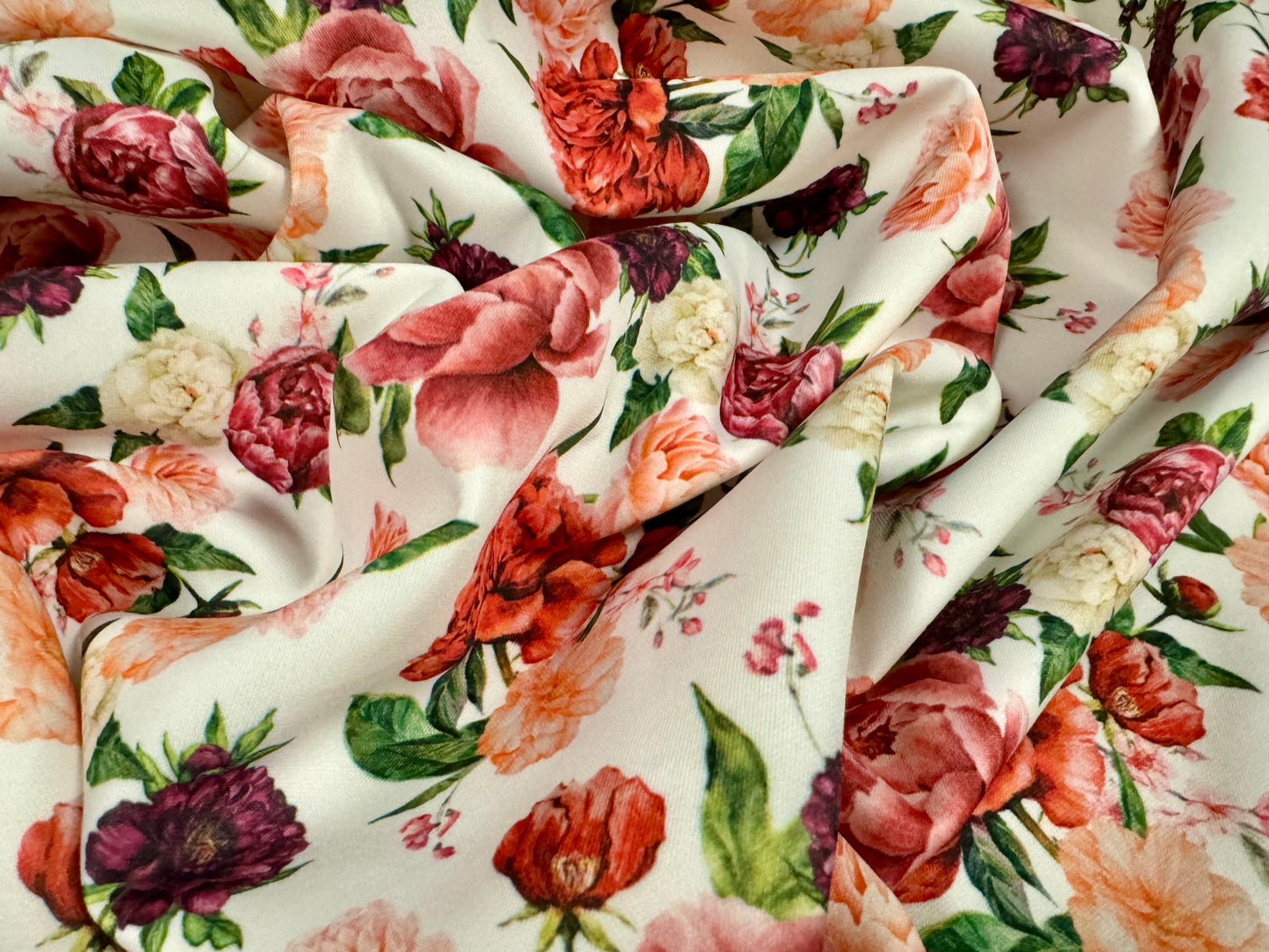 Scuba stretch spandex double jersey fabric, per metre - roses print - multicolour