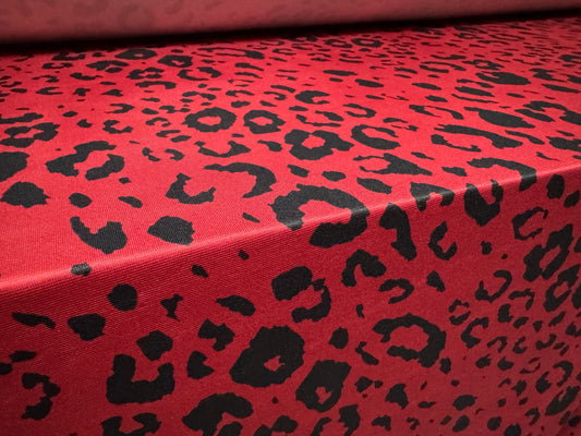 Soft touch stretch spandex single jersey fabric, per metre - cheetah print - dark red