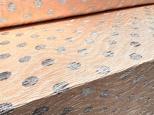 Bodre satin jersey fabric, per metre - metallic polka dot print - pink & silver