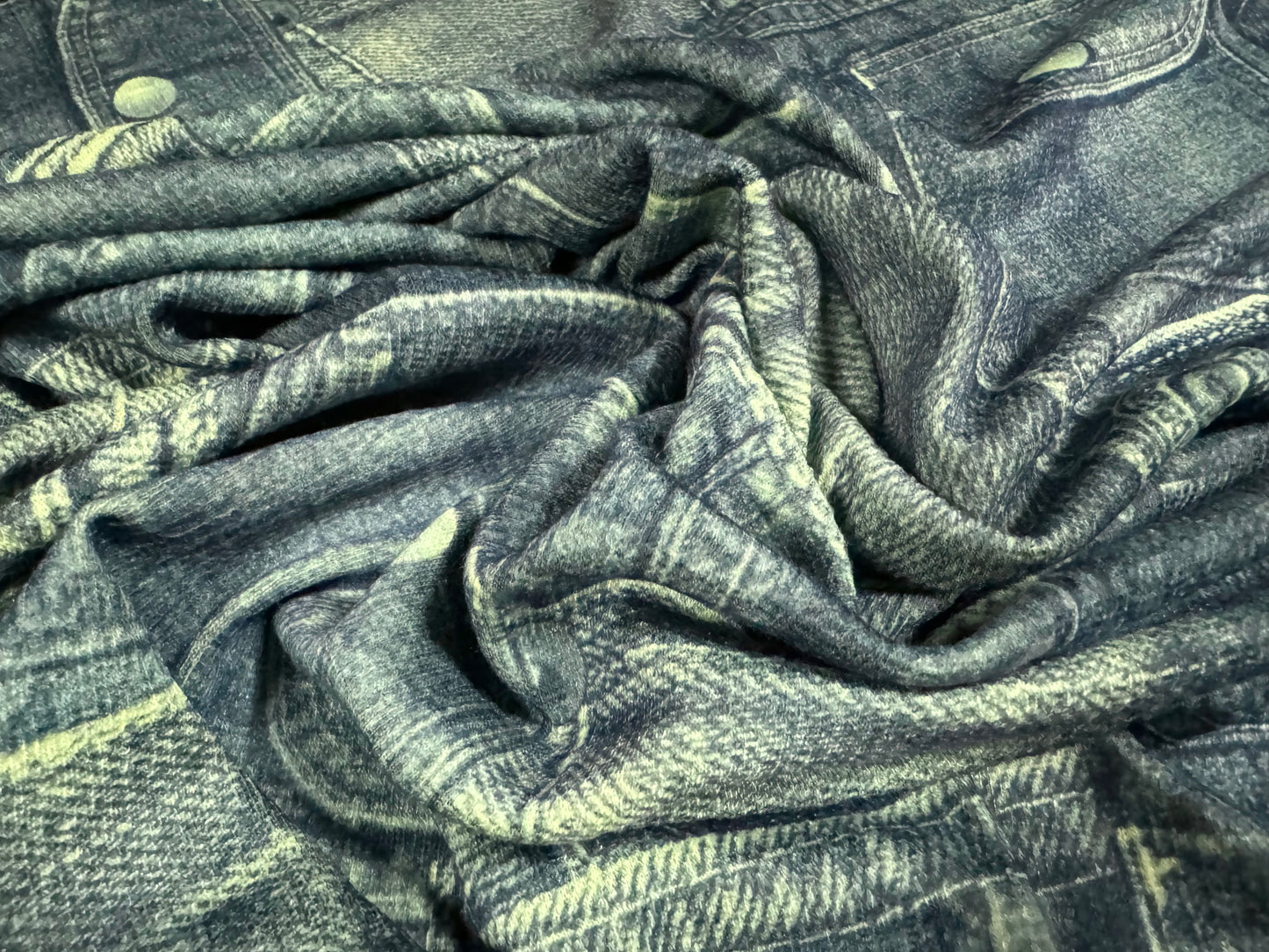 Straw cloth textured stretch double jersey fabric, per metre - denim jean pockets print - blue & lime