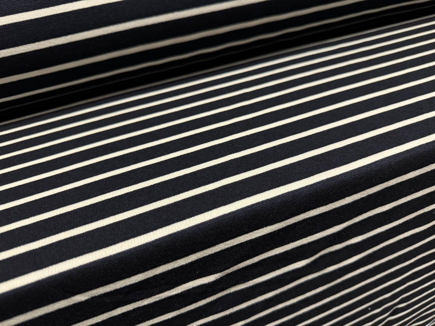 Ponte Roma double jersey knit stretch fabric, per metre - stripe - midnight & ivory