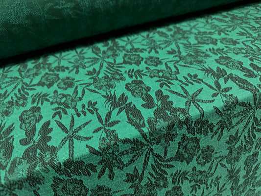 Stretch double jersey crepe fabric, per metre - floral jacquard - emerald green