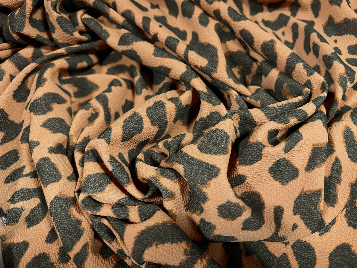 Pebble crepe woven stretch dress fabric, per metre - cheetah animal print - caramel