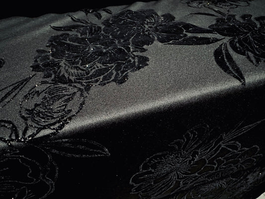 Stretch spandex double jersey fabric, per metre - flocked rose floral print with glitter sparkle - black