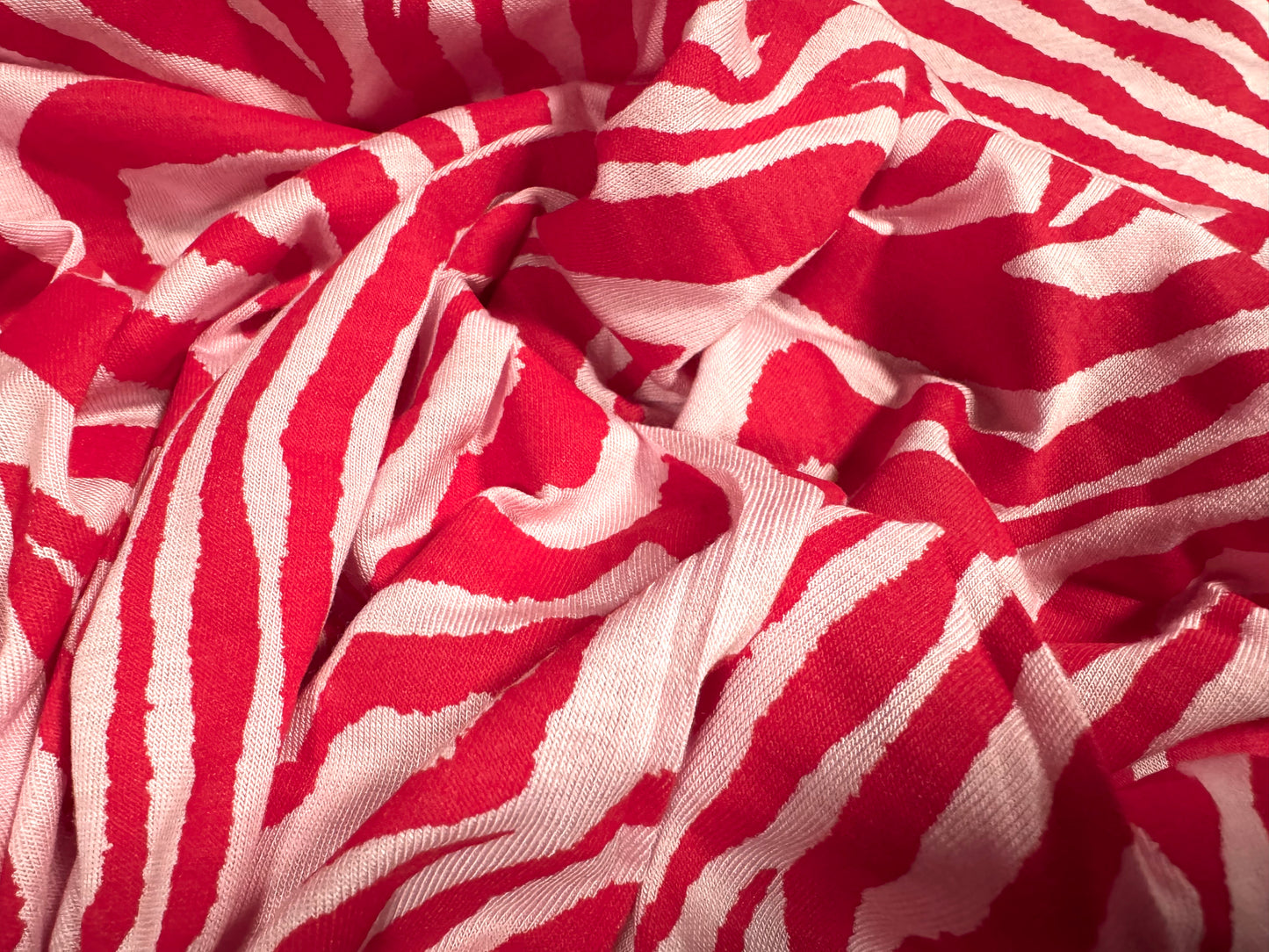 Viscose spandex stretch single jersey fabric, per metre - zebra animal print - red & white