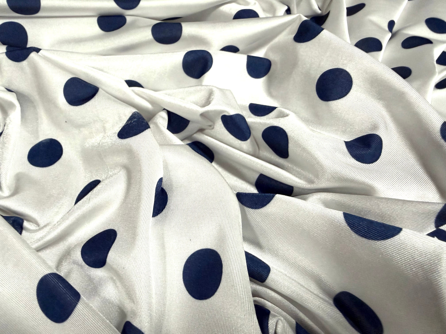 Stretch spandex single jersey fashion fabric, per metre - polka dot print - white & navy blue