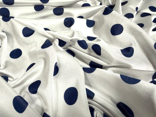 Stretch spandex single jersey fashion fabric, per metre - polka dot print - white & navy blue