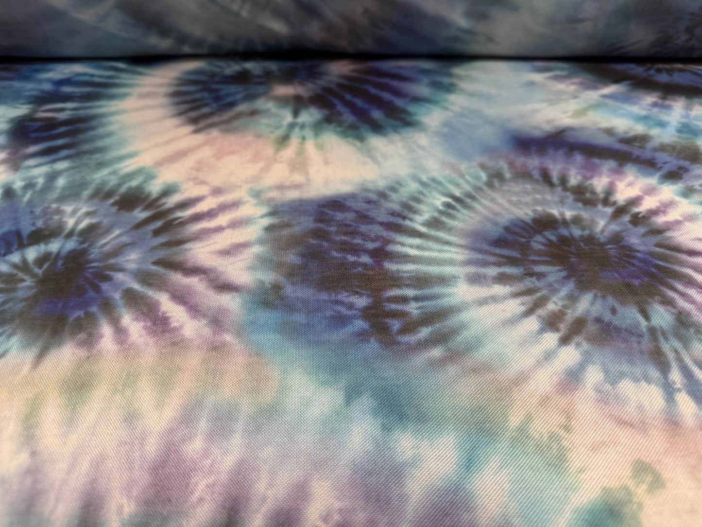 Power mesh net stretch spandex fabric, per metre - tie dye swirl print - turquoise blue & jade
