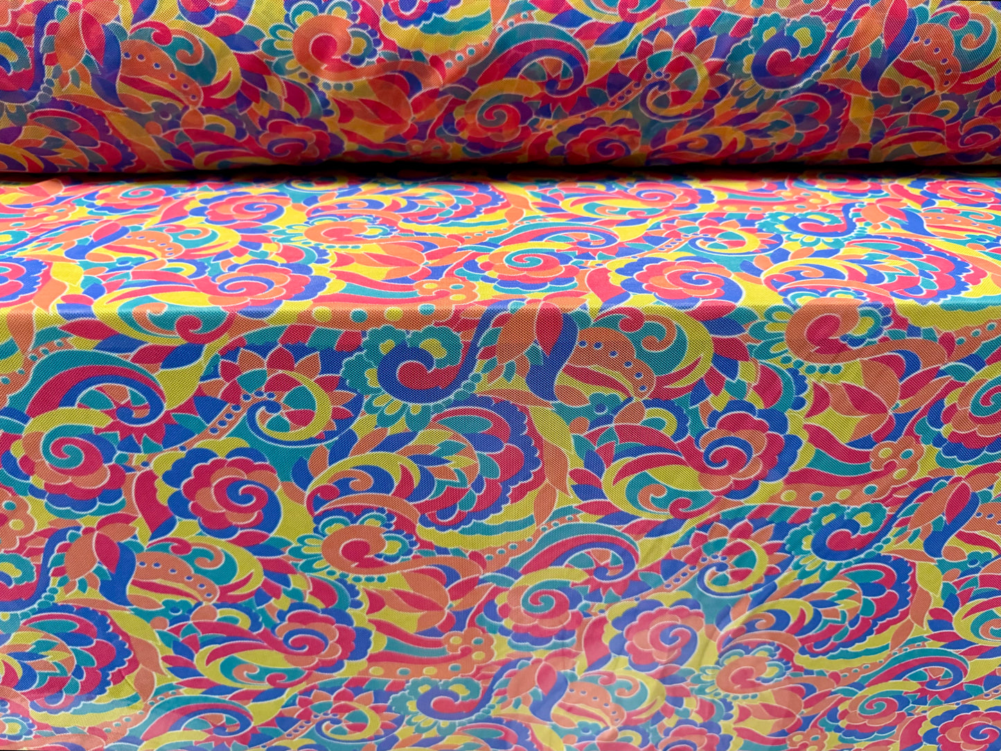 Power mesh net stretch spandex fabric, per metre - rainbow paisley print - multicolour