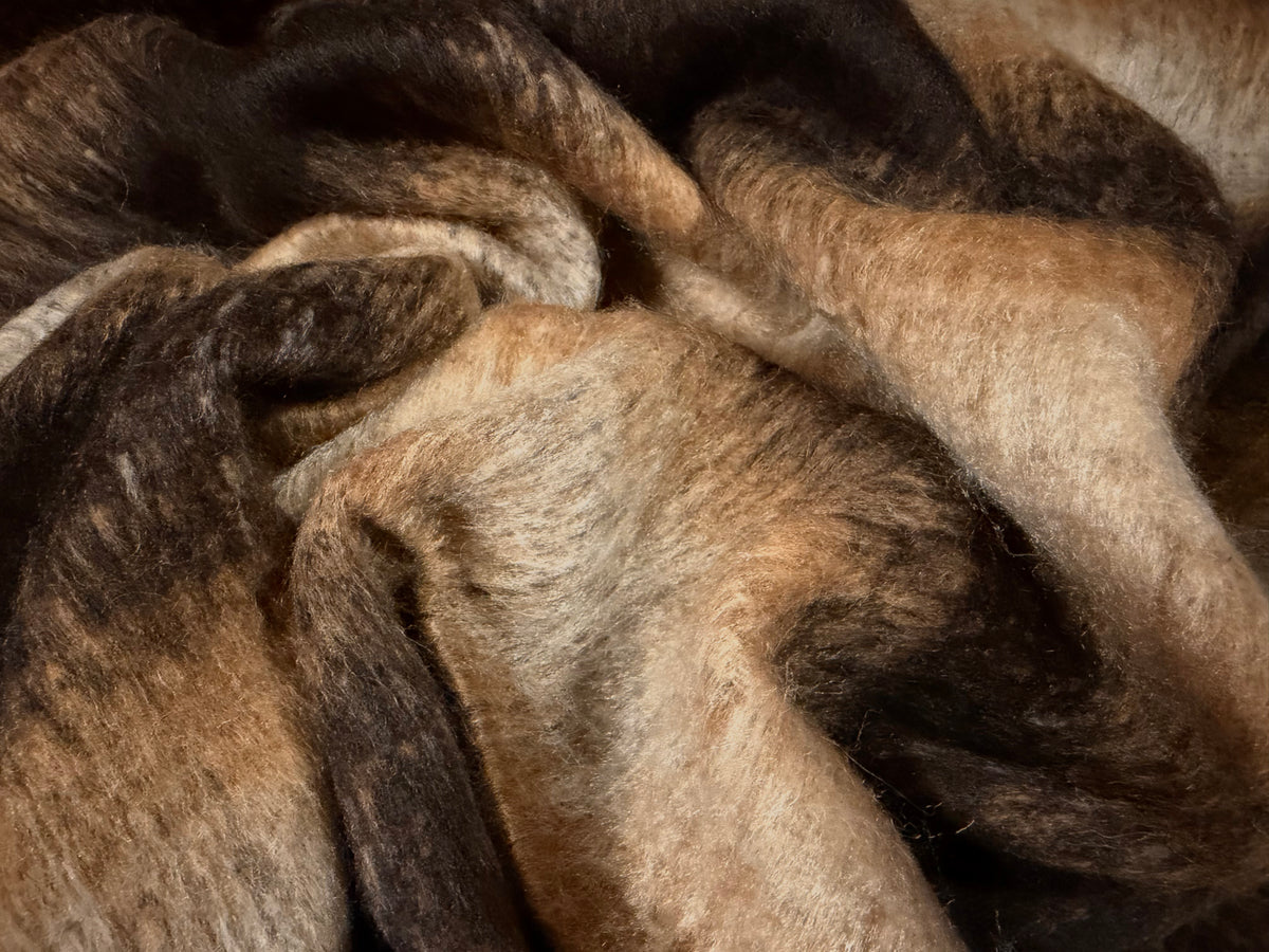 Wool faux fur fabric, per metre - distressed plaid - brown