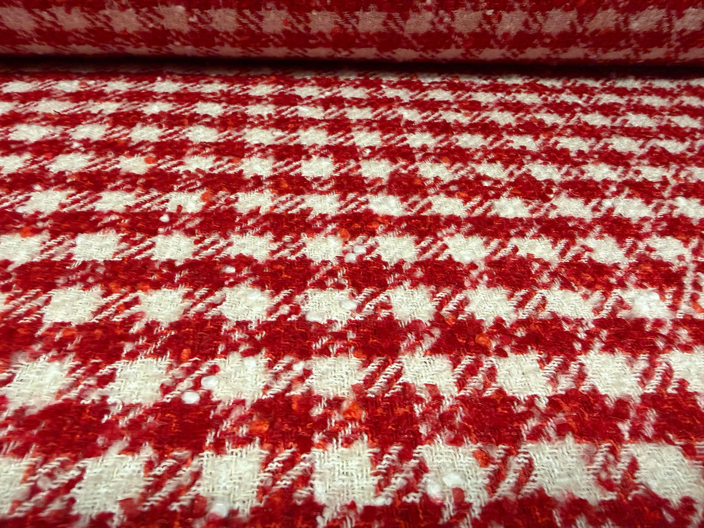 Heavyweight wool bouclé fabric, per metre - gingham - red & white