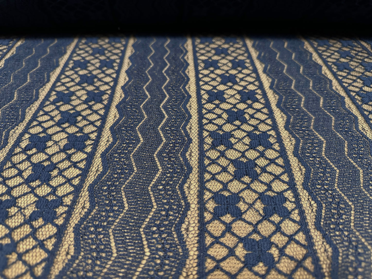 Lace dress fabric, per metre - floral zigzag stripe - dark navy blue