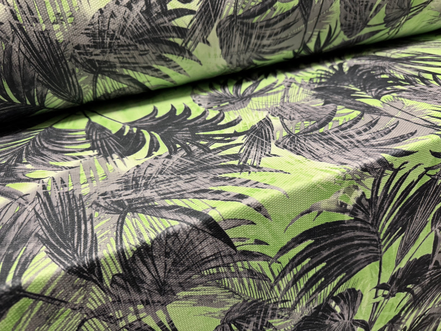 Stretch double jersey piqué fabric, per metre - Palm Tree Fronds print - green & grey