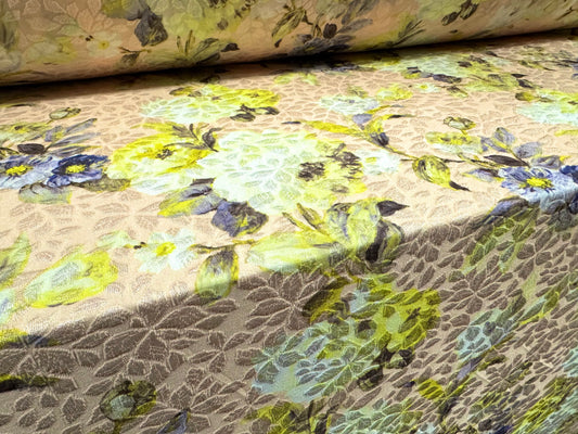 Stretch spandex jersey jacquard fabric, per metre - flower print - blush lemon & lilac