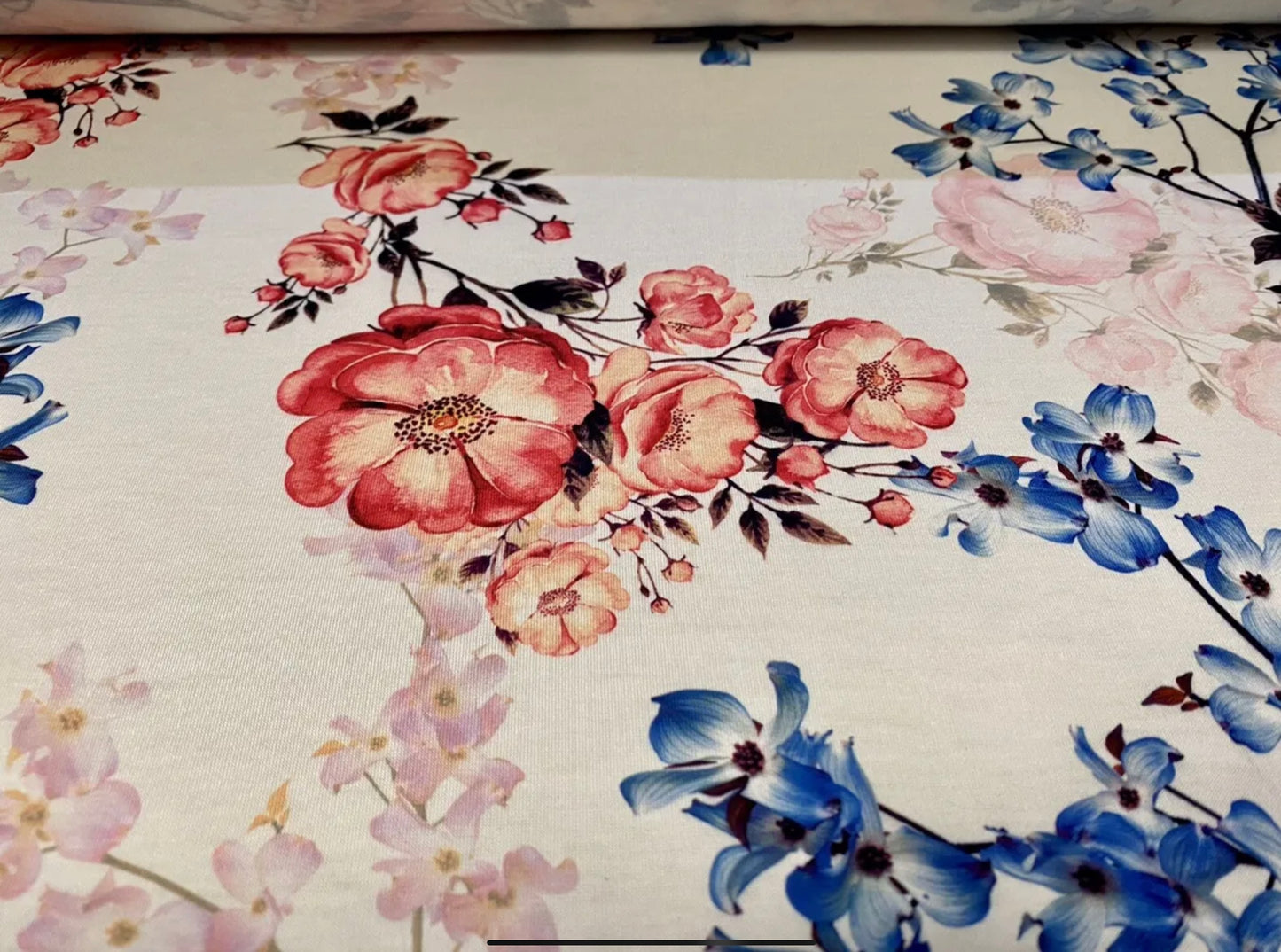 Viscose spandex stretch single jersey fabric, per metre - wild rose and orchid print - white pink & blue