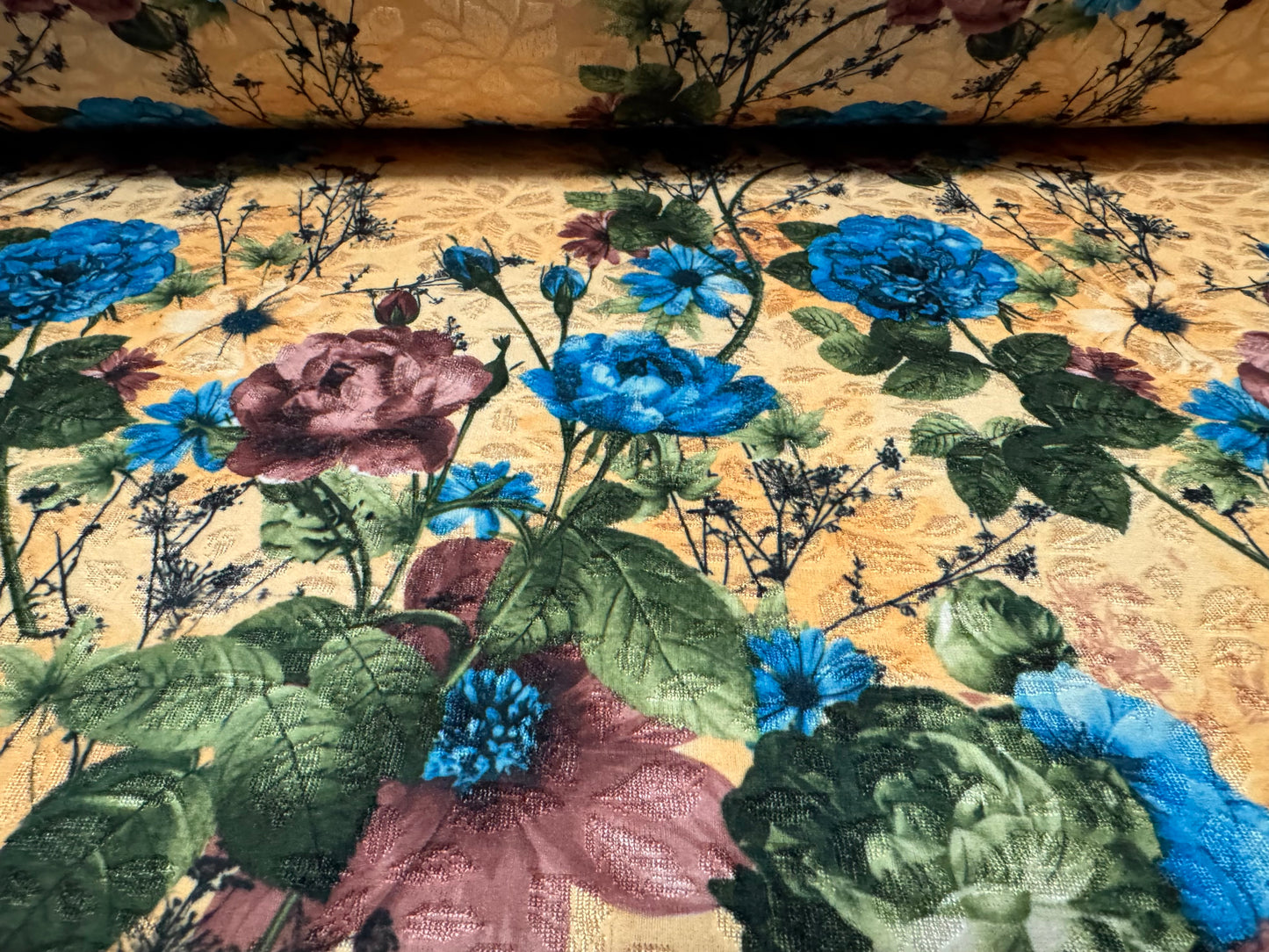 Stretch spandex jersey jacquard fabric, per metre - wild rose print - light gold & blue