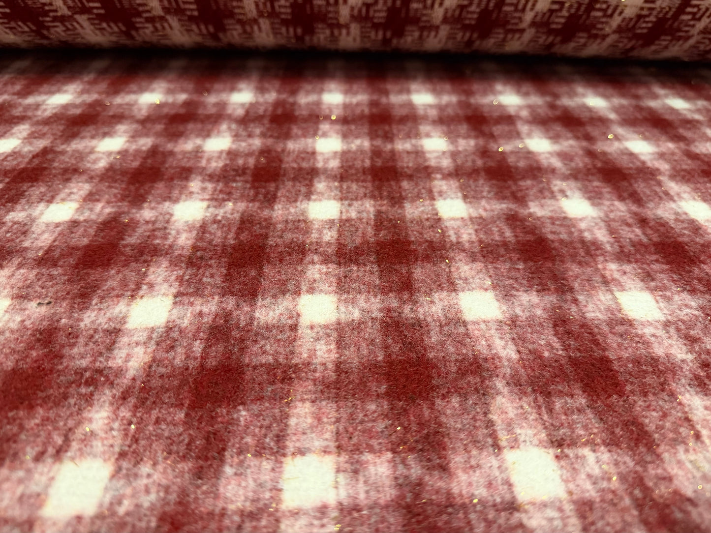 Metallic brushed wool bouclé fabric, per metre - check - burgundy & gold