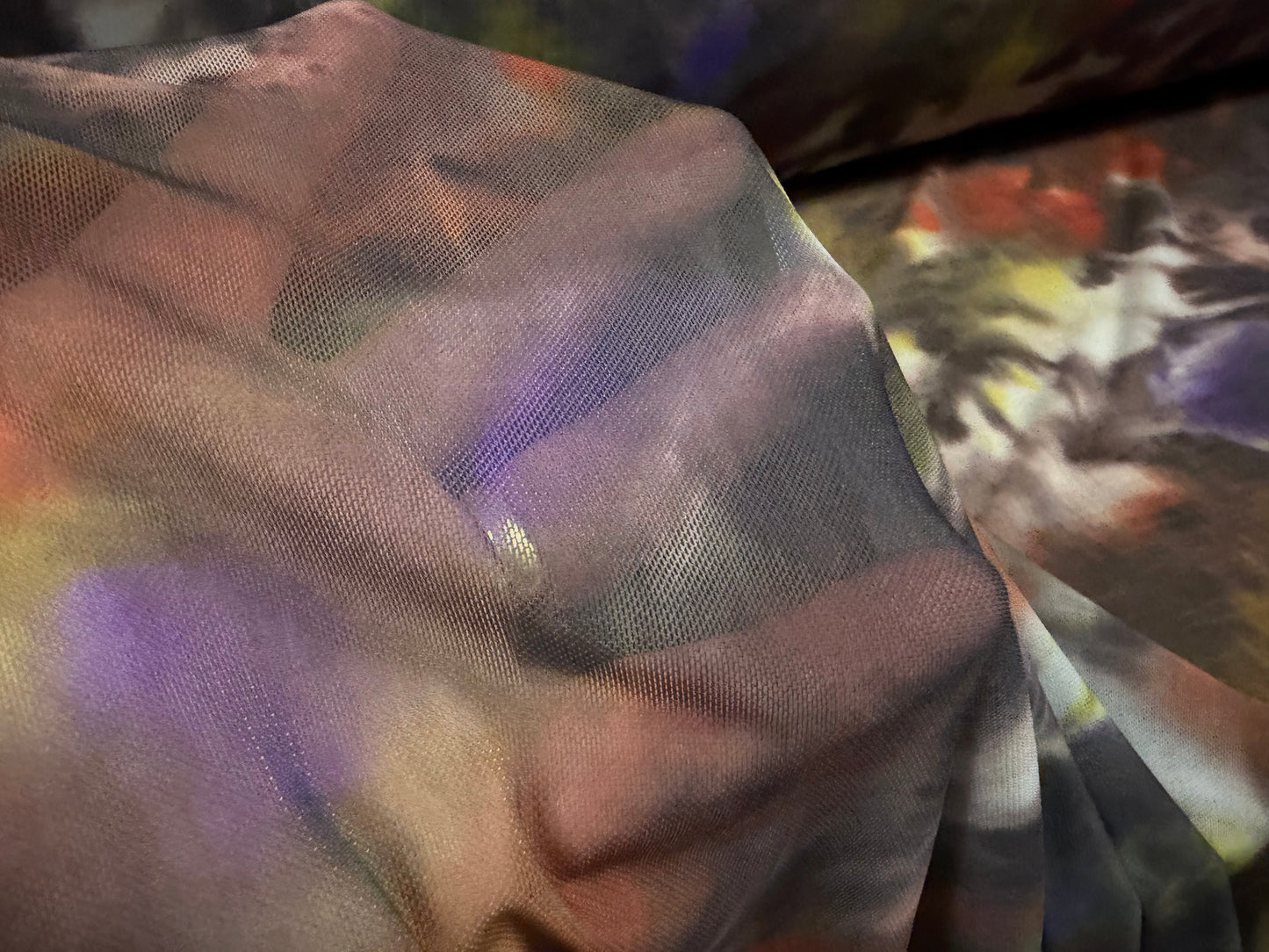 Power mesh net stretch spandex fabric, per metre - moody abstract print - rust & purple