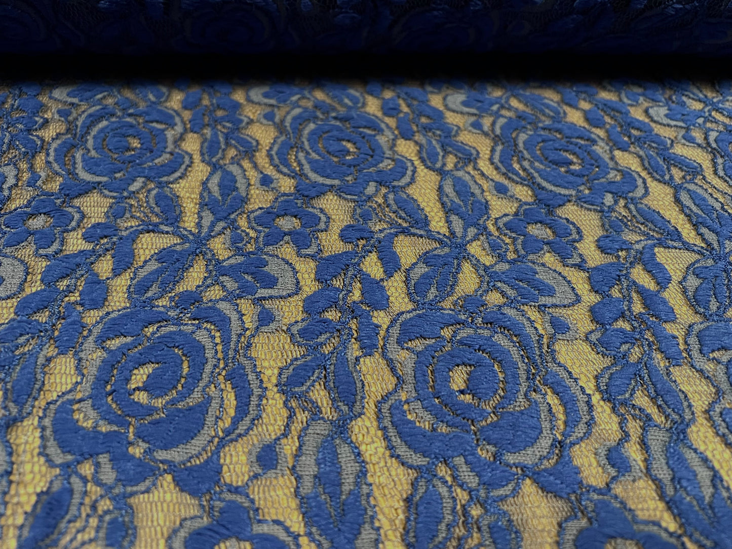 Lace dress fabric, per metre - floral rose design - bicolour - blue grey