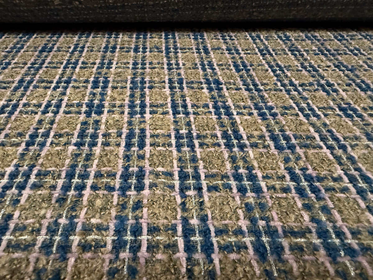 Metallic wool bouclé fabric, per metre - check - taupe pink & blue
