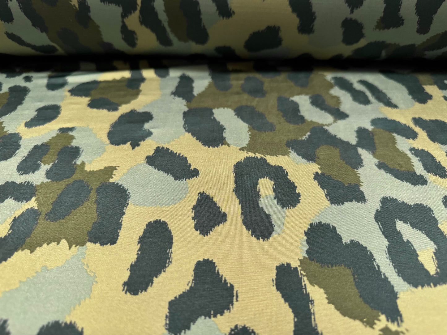 Soft touch stretch spandex single jersey fabric, per metre - cheetah camouflage print - khaki