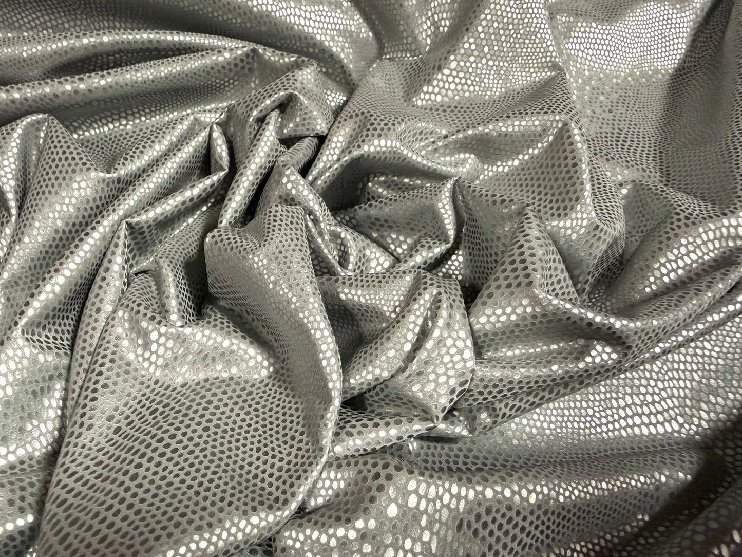 Embossed faux leather pvc coated jersey fabric, per metre - snakeskin - metallic silver