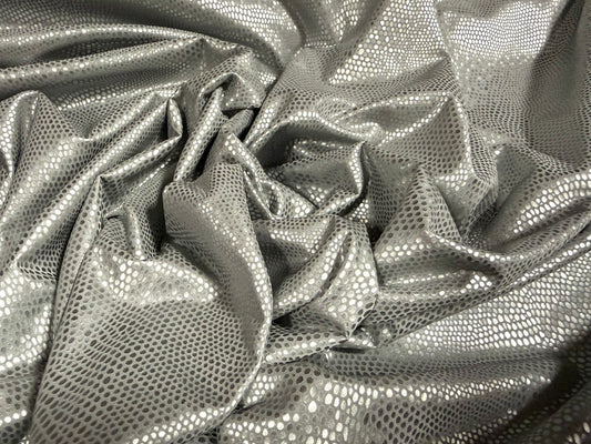 Embossed faux leather pvc coated jersey fabric, per metre - snakeskin - metallic silver