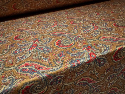 Stretch spandex crepe single jersey dress fabric, per metre - paisley print - brown & red