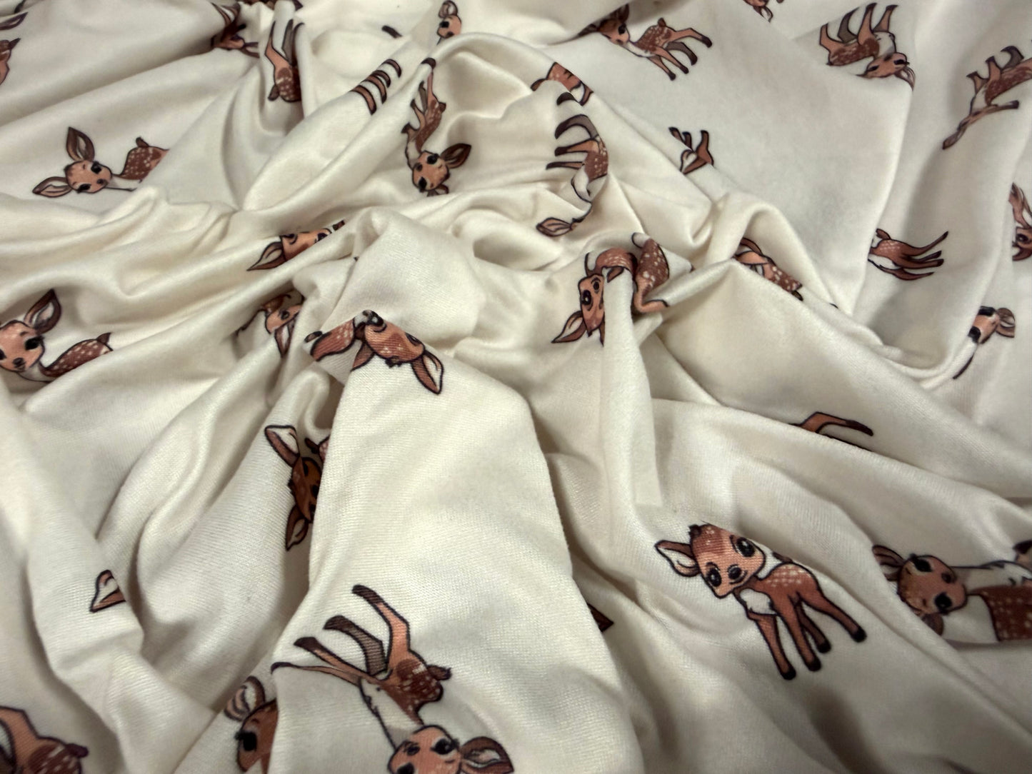 Super soft stretch single jersey fabric, per metre - cartoon deer print - ivory & brown