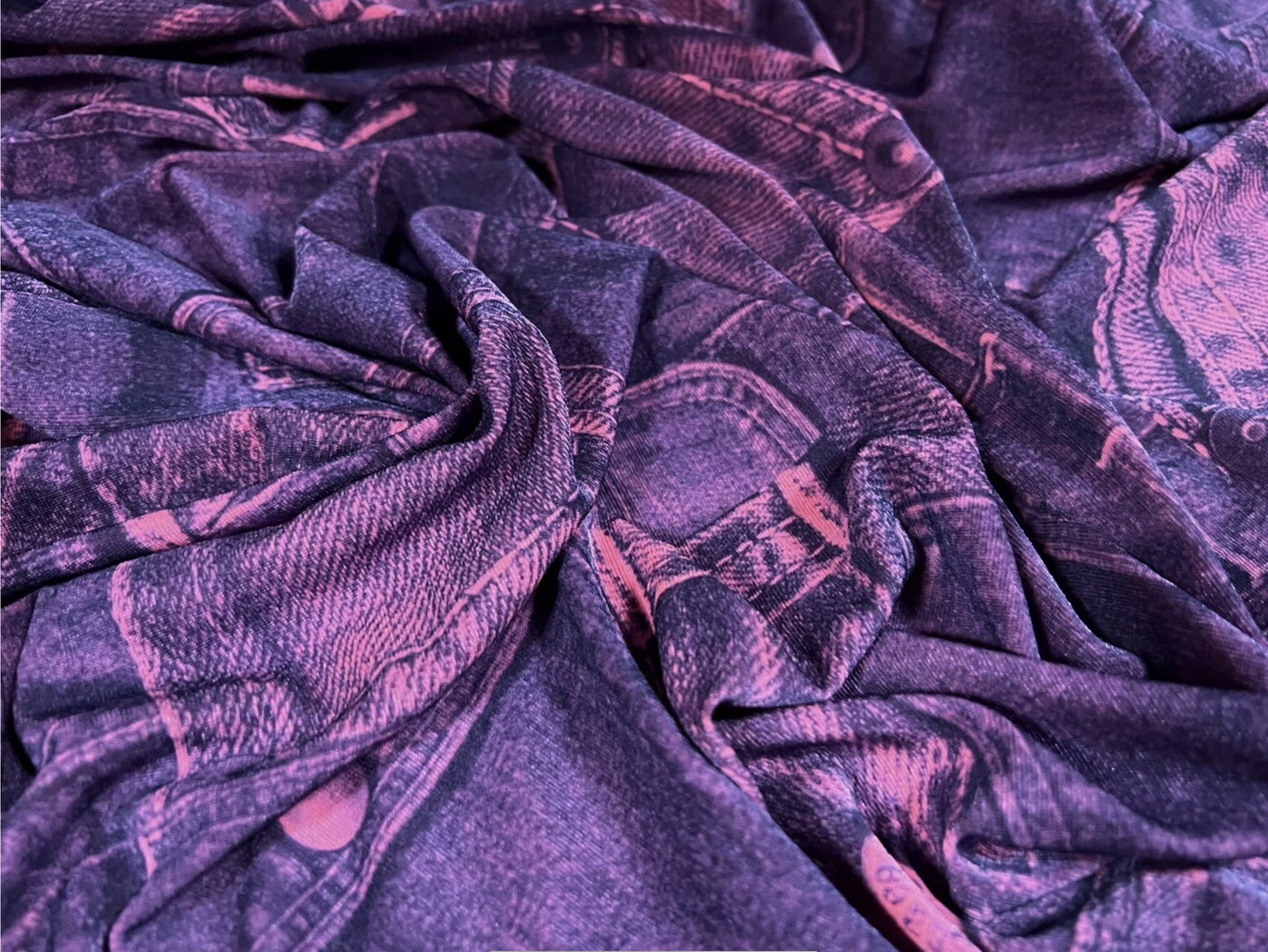 Finely textured stretch spandex single jersey fabric, per metre - Jean pockets print - magenta & purple
