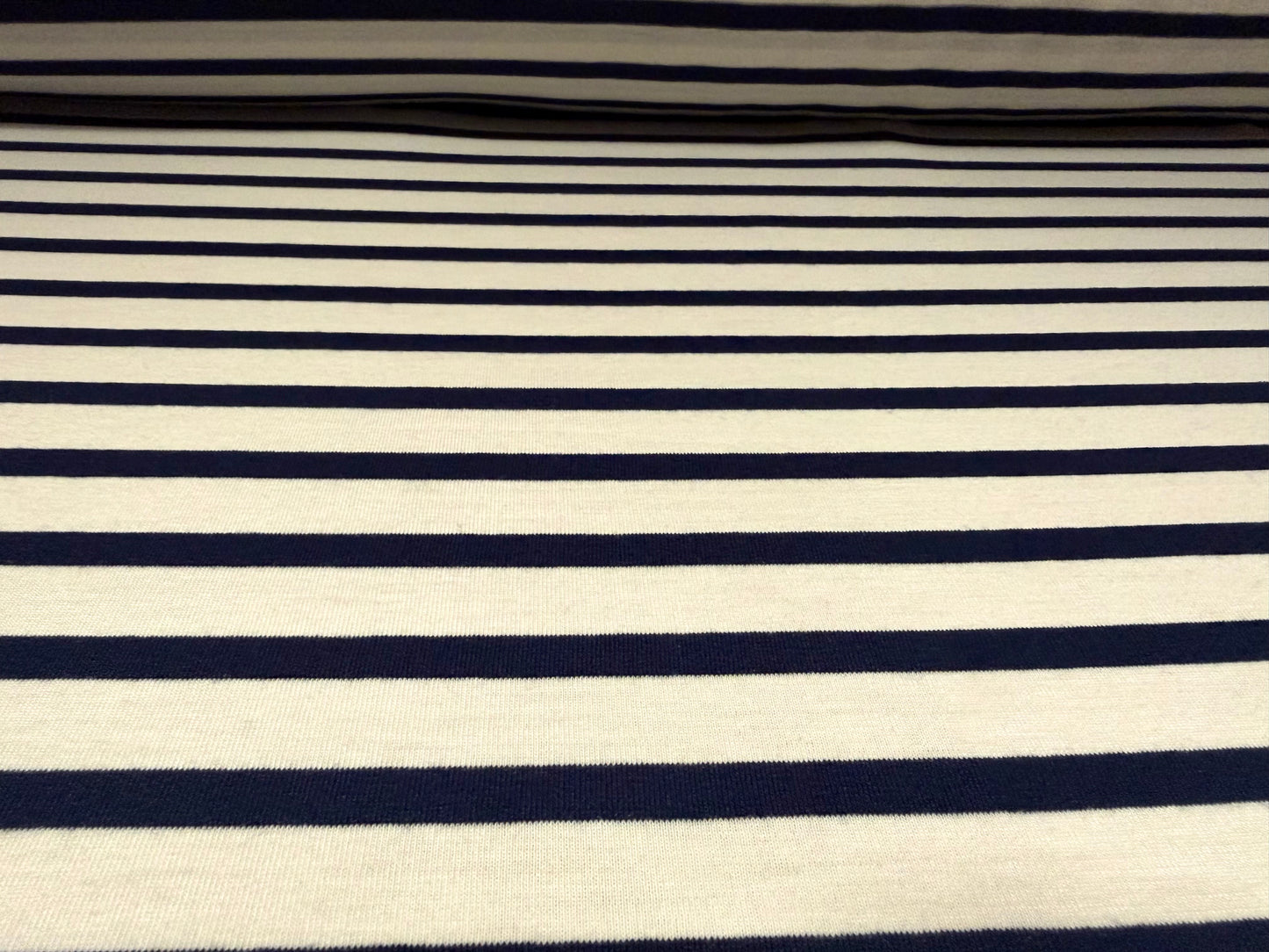 Viscose spandex stretch single jersey fabric, per metre - stripe - cream & dark navy