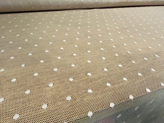 Stretch spandex mesh net fabric, per metre - spotted - white on white