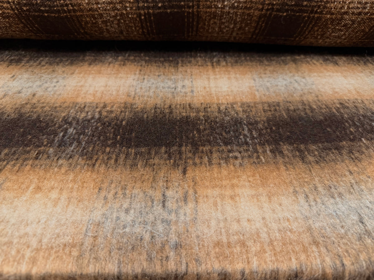 Wool faux fur fabric, per metre - distressed plaid - brown