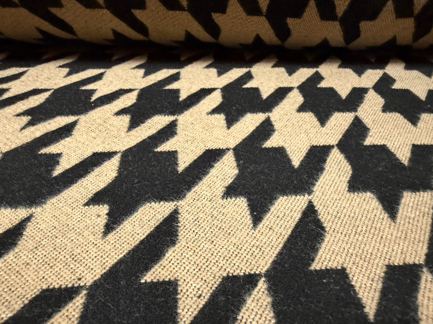 Heavyweight wool flannel fabric, per metre - jumbo houndstooth - stone & black