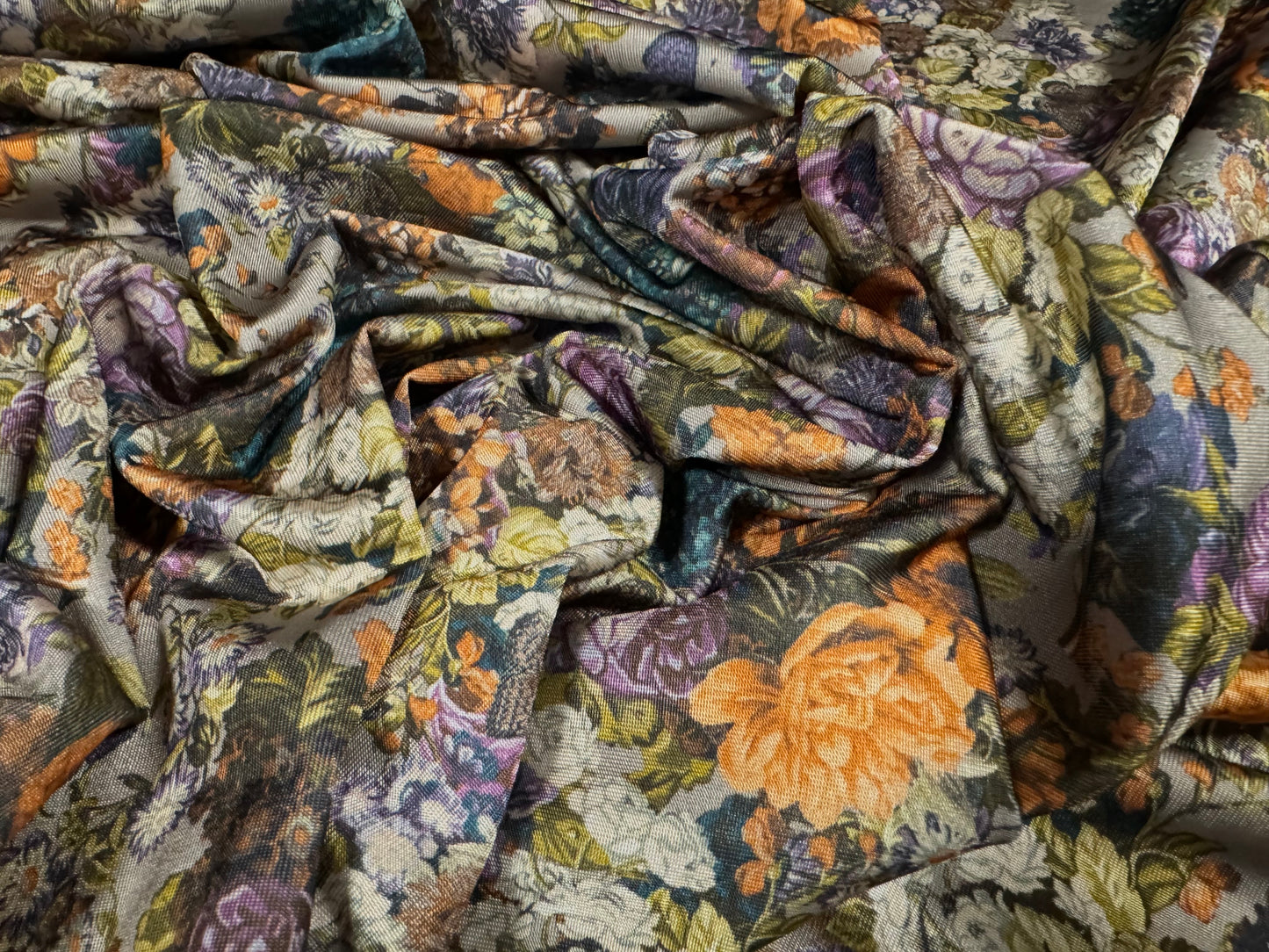 Disco stretch single jersey fabric, per metre - Butterfly Garden print - taupe orange & purple